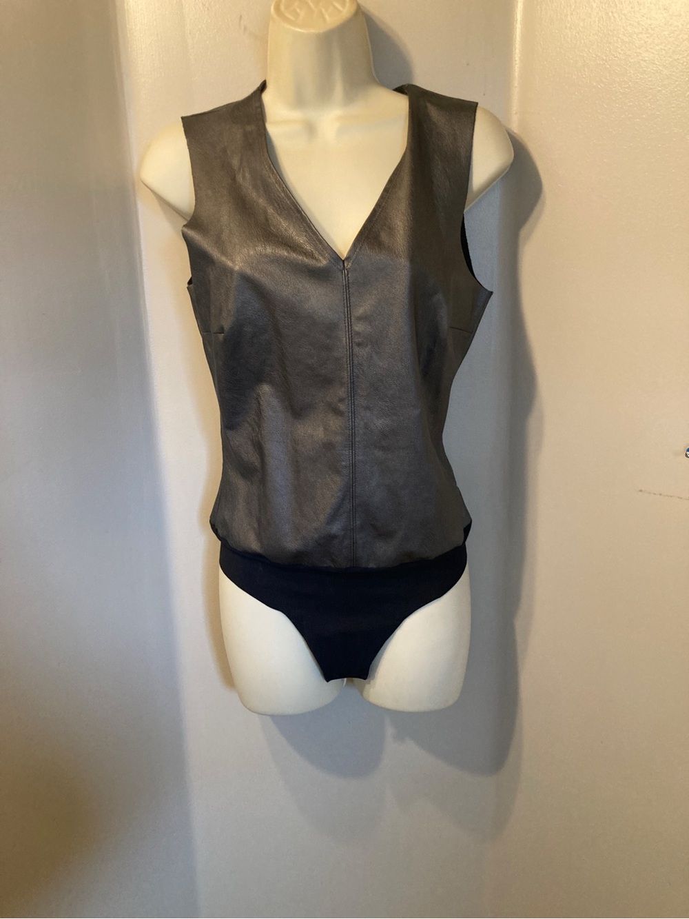 Commando Charcoal Faux Leather V-Neck Bodysuit with Black Bottom